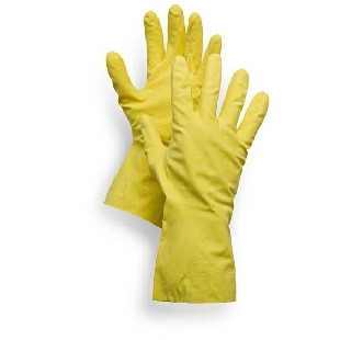 Luvas menage de látex 100% natural em amarelo. Utiliza-se para a manipulação de alimentos, limpeza, etc.